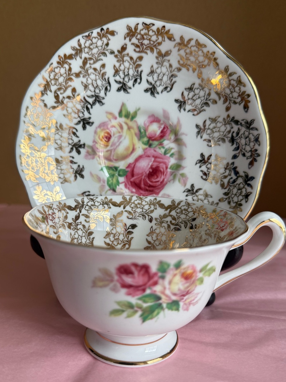 VTG Royal Albert Milady Teacup & Saucer Set Gold Chintz Pink Rose 1948 England